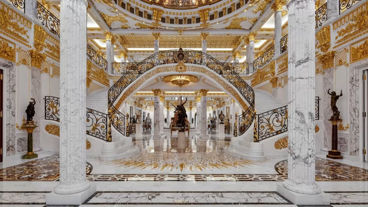 A lavish mansion with gold leaf decor